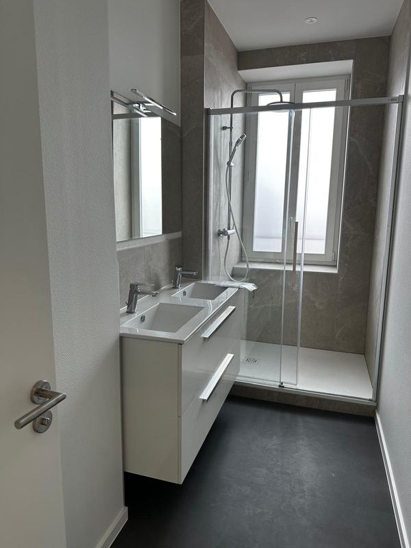 Salle de bain avec double vasque et douche à l'italienne, immeuble de 5 logements à Strasbourg